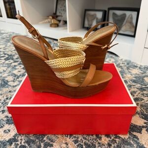 Elegant Tan and Gold Wedge Sandals